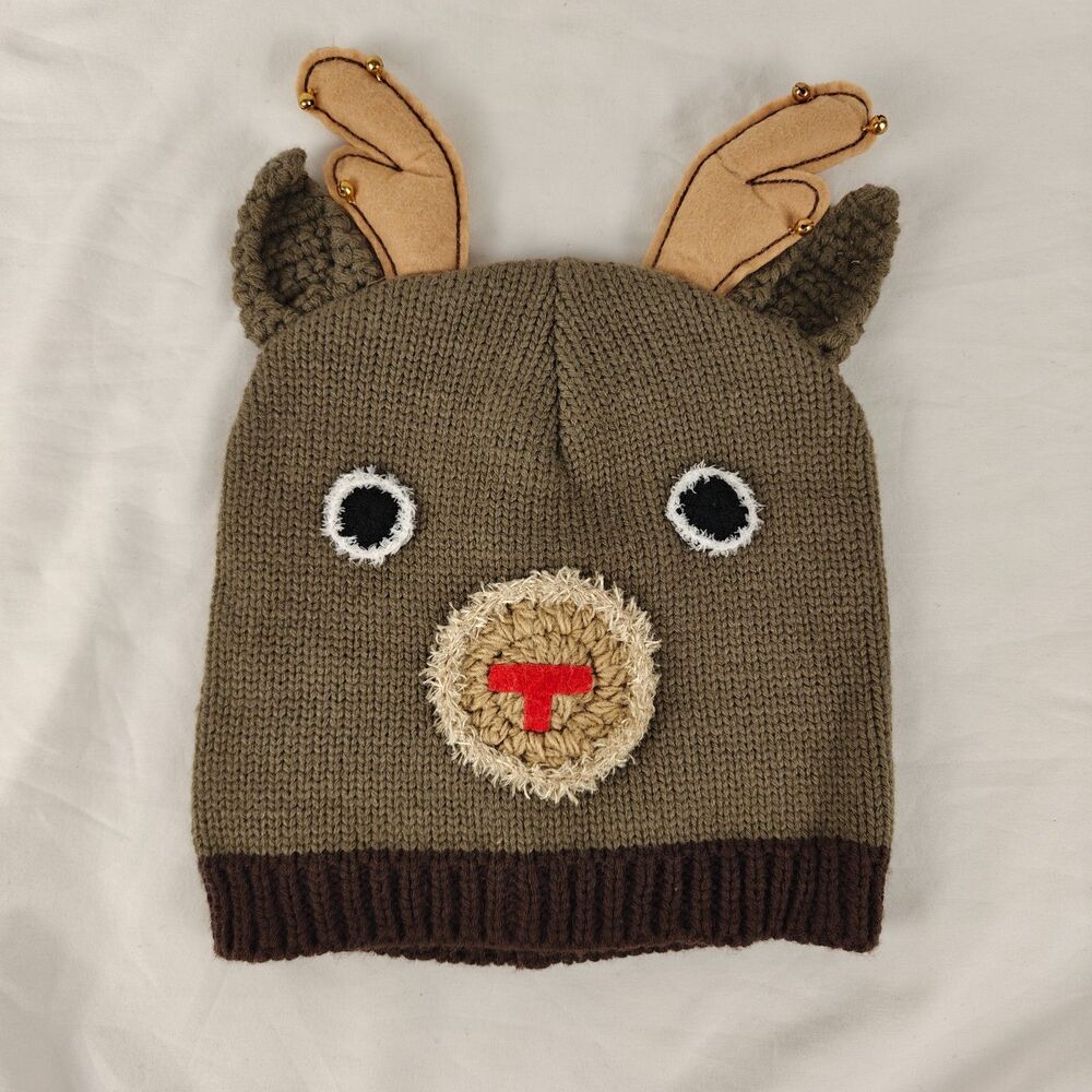 Reindeer Rudolf Christmas Knit Beanie Ringing Bells Adult Big Kids One Size Hat